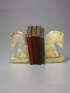 Vintage Hand-Carved Onyx Stone Trojan Horse Head Bookends MCM Art Deco